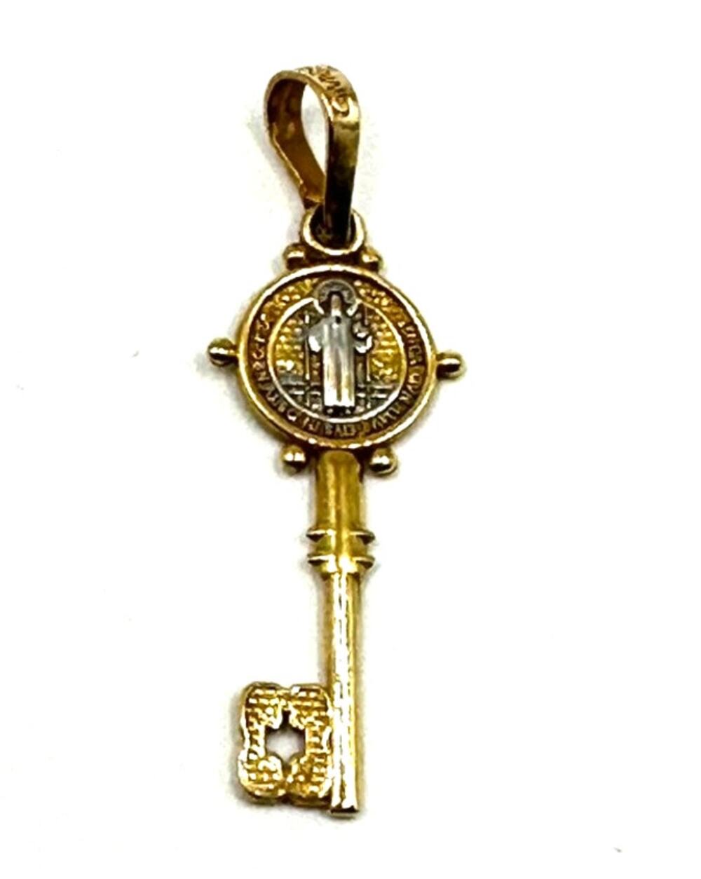 14k Solid Gold Saint Benedict Double Sided Cross Key Pendant